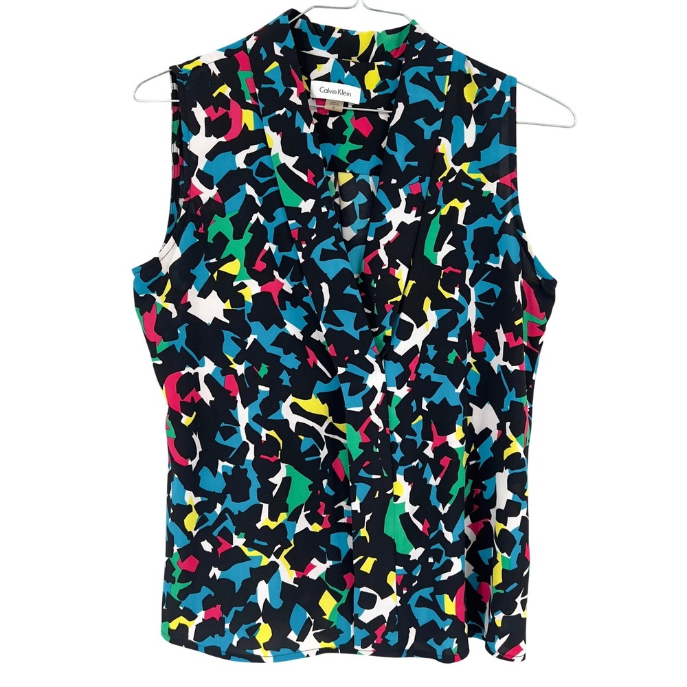 Calvin Klein Womens M Wrap Front Surplice Blouse Sleeveless Abstract Print Top